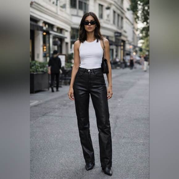 Wilfred Pants - Aritzia Wilfred Black Leather Straight-Leg Pants High-Rise Minimalist Chic Luxe